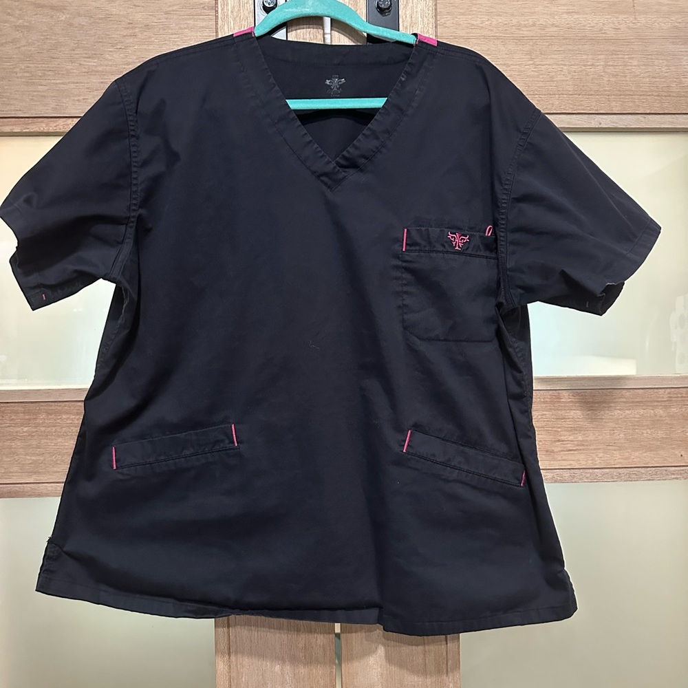 Med Couture Black Scrub Top with Pink Trim